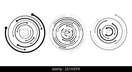 Ritmo a spirale circolare dell'onda sonora sotto forma di linee e punti. Transizione lineare a spirale dinamica. Illustrazione Vettoriale