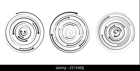 Ritmo a spirale circolare dell'onda sonora sotto forma di linee e punti. Transizione lineare a spirale dinamica. Illustrazione Vettoriale