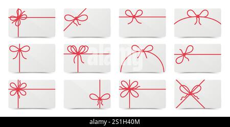 Buoni regalo bianchi vuoti con fiocco per il giorno di vendita, saluto, carta bonus, certificato, vista dall'alto. Concetto di promozione marketing di vendita. Mockup di biglietti da visita wi Illustrazione Vettoriale