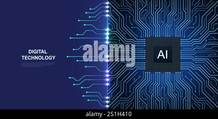 Chip di intelligenza artificiale con linee luminose. Innovativo concetto di apprendimento automatico. Background tecnologico con scheda a circuito stampato e centrale professionale Illustrazione Vettoriale