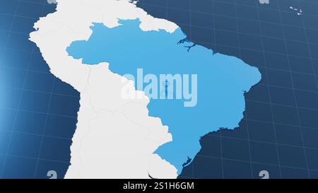 Mappa 3d blu Brasile con puntino circondato da altri paesi in bianco. Mappa politica con i confini. illustrazione di rendering 3d. Foto Stock