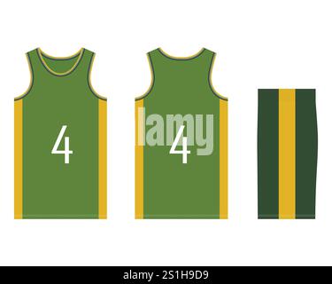 Modello di uniforme da basket per una squadra sportiva. Modello Jersey design vista frontale, vista posteriore e vista laterale. Illustrazione vettoriale Illustrazione Vettoriale