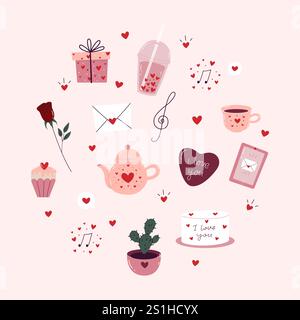 Set disegnato a mano di graziosi elementi per San Valentino. Graziosi adesivi d'amore per la pianificazione quotidiana e il diario. Illustrazione Vettoriale