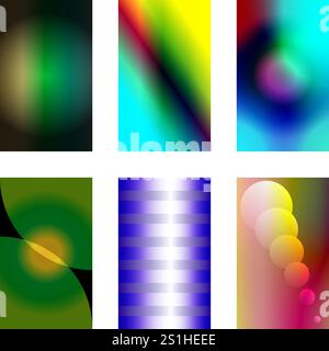 Set di sei sfondi astratti verticali con forme verdi gialle celesti e sovrapposte Illustrazione Vettoriale