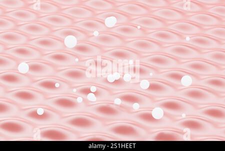 Sfondo con curve rosa astratte e sfere bianche fluttuanti, rendering 3d. illustrazione 3d. Foto Stock