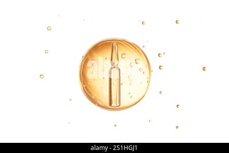 Fiala trasparente. Contenitore per capsule in vetro e sfera in vetro, concetto di cura della pelle, rendering 3d. illustrazione 3d. Foto Stock