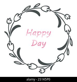 Cornice in tulipani circolare, graziosa corona floreale, bordo in stile Doodle art. Tratto pennello disegnato a mano, un fiore di una linea lascia un elemento grafico Illustrazione Vettoriale