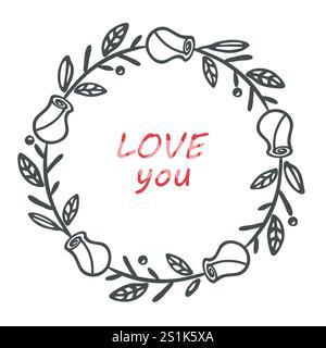 Profilo circolare con montatura rosa, graziosa corona floreale, bordo in stile Doodle art. Tratto pennello disegnato a mano, un fiore di una linea lascia un elemento grafico Illustrazione Vettoriale