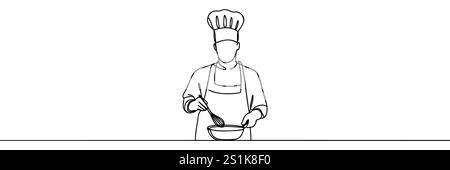 disegno continuo di chef cuochi o prepara pane, cappelli da chef toque isolati da sfondi bianchi Illustrazione Vettoriale