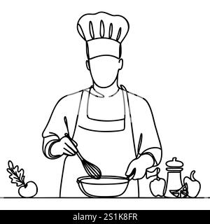 disegno continuo di chef cuochi o prepara pane, cappelli da chef toque isolati da sfondi bianchi Illustrazione Vettoriale