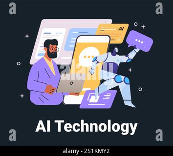 Computer portatile robot uomo con concetto aziendale di tecnologia AI. L'illustrazione mostra un essere umano che lavora su un computer portatile robot che tiene in mano la bolla vocale un grande smartphone con chat Illustrazione Vettoriale