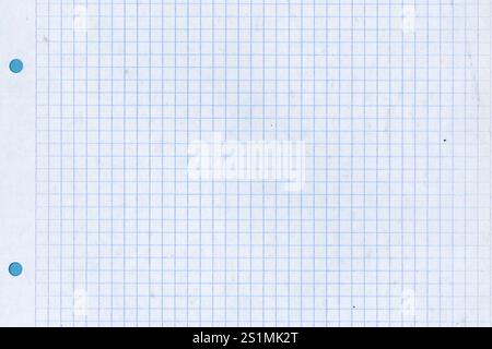 Foglio quadruplo per notebook strappato da una rilegatura a spirale con sfondo blu. La carta è sporca. Inteso come sfondo grunge Foto Stock