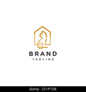 Amato Cat House Logo Design. Sagoma di un gatto seduto all'interno della casa Logo Design. Illustrazione Vettoriale