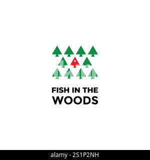 Icona del pesce nel logo Woods. Fish Among the Trees Logo Design. Illustrazione Vettoriale