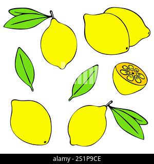 Pacchetto Lemon. Un set di coloratissimi limoni disegnati a mano, in una varietà di forme. Illustrazione Vettoriale