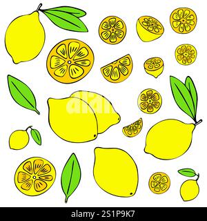 Pacchetto Lemon. Un set di coloratissimi limoni disegnati a mano, interi, a metà, a fette, foglie. Illustrazione Vettoriale