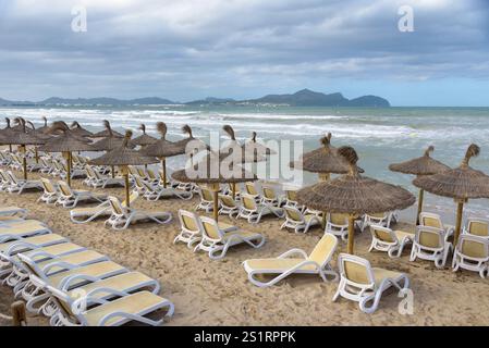 Spiaggia sabbiosa con ombrelloni di paglia e lettini a CAN Picafort, località turistica nel nord di Maiorca. Isole Baleari, Spagna Foto Stock