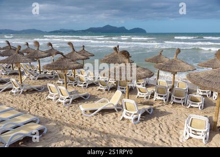Spiaggia sabbiosa con ombrelloni di paglia e lettini a CAN Picafort, località turistica nel nord di Maiorca. Isole Baleari, Spagna Foto Stock