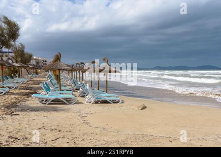Spiaggia sabbiosa con ombrelloni di paglia e lettini a CAN Picafort, località turistica nel nord di Maiorca. Isole Baleari, Spagna Foto Stock
