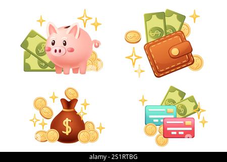Set di soldi in diverse forme banconote, monete d'oro, carte di credito. Portafoglio in pelle con dollari, salvadanaio e moneta. Sacchetto pieno di monete con bambola Illustrazione Vettoriale