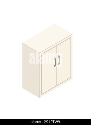 Armadio isometrico in legno con manico. Legno bianco. Arredi moderni per l'ufficio o la casa. Illustrazione vettoriale isolata su sfondo bianco. Illustrazione Vettoriale