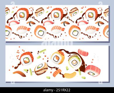 Design striscione orizzontale. Scheda menu stile pubblicità. Collezione di sushi roll di fast food giapponesi con pesce, salmone, tonno, gamberi e riso con c Illustrazione Vettoriale