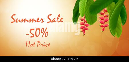 Banner di saldi estivi. Design di poster di vendita estiva per stampa o Web. banner sconto. Design artistico, viaggi, banner, modello di sconto durante l'estate. Schiena sfocata Foto Stock