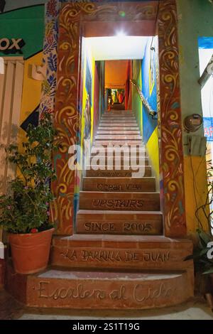 Scala colorata che conduce a un'area pranzo unica in un ambiente vivace, Isla Holbox, Messico Foto Stock