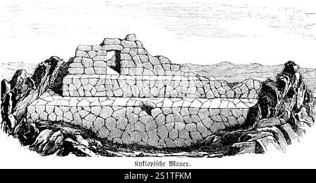 Parete ciclopica o muratura ciclopica (opus siliceum), parete in pietre o rocce irregolari, con superficie visibile poligonale ma liscia, ampia Foto Stock