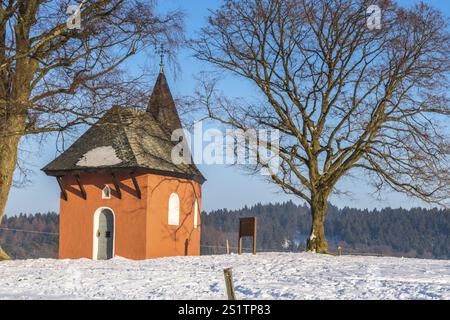 La piccola cappella rossa di Friesenhagen in un paesaggio invernale innevato e soleggiato. Cappella rossa in inverno con paesaggio innevato e sole Foto Stock