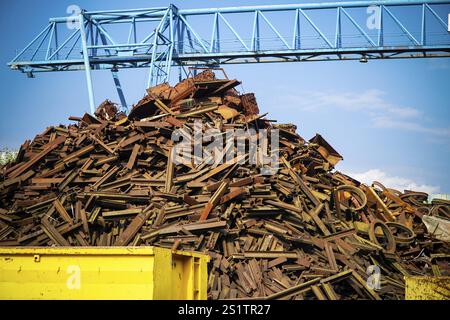 Sito di un deposito di rottami con container e gru Foto Stock