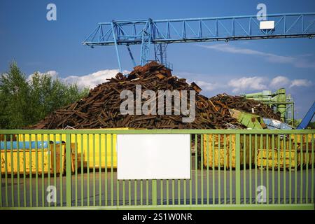 Sito di un deposito di rottami con container e gru Foto Stock