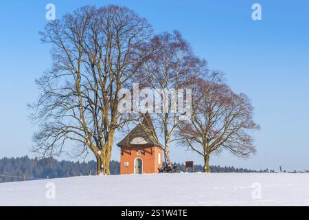 La piccola cappella rossa di Friesenhagen in un paesaggio invernale innevato e soleggiato. Cappella rossa in inverno con paesaggio innevato e sole Foto Stock