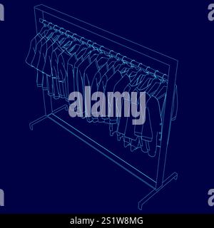 Immagine blu di un appendiabiti con gli abiti appesi su di esso. Gli abiti sono tutti diversi colori e stili, e il rack è alto e stretto. Concetto di Illustrazione Vettoriale