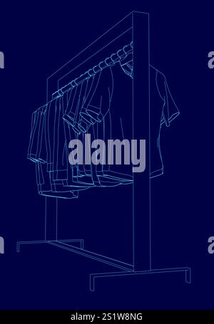Immagine blu di un appendiabiti con gli abiti appesi su di esso. Gli abiti sono tutti diversi colori e stili, e il rack è alto e stretto. Concetto di Illustrazione Vettoriale