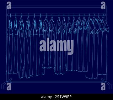 Disegno con linea blu di una fila di vestiti appesi su un rack. Gli abiti sono tutti diversi colori e stili, e il rack è alto e stretto. Concetto di Illustrazione Vettoriale