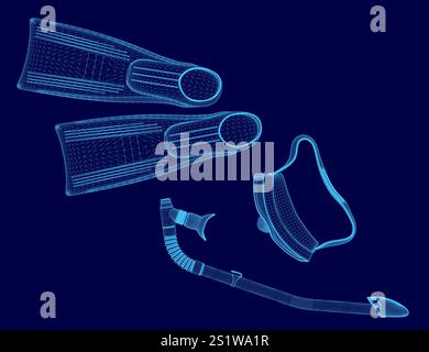 L'immagine è un primo piano di un paio di pinne e uno snorkeling. Le pinne sono blu e lo snorkeling è attaccato alle pinne. L'immagine è in blu Illustrazione Vettoriale