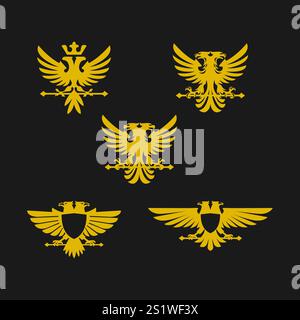 Design con logo a doppia aquila. Icona del falco araldico. Simbolo dell'insegna di Hawk. Illustrazione Vettoriale