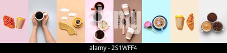 Collage di gustosi caffè in tazze, gustosi croissant e maschera sonno su sfondo colorato, vista dall'alto Foto Stock