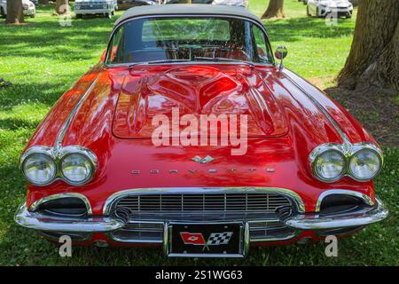 Una Chevrolet Corvette rossa e bianca del 1961, auto sportiva decappottabile parcheggiata nell'erba di Auburn, Indiana, USA. Foto Stock