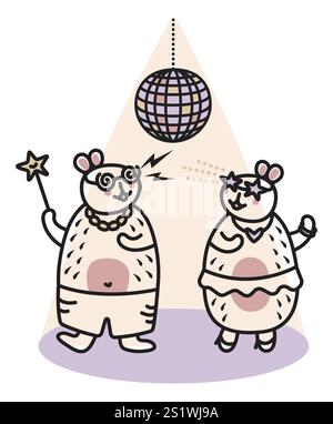 Due simpatici capybara danzanti in discoteca, scarabocchi vettoriali in linea nera, atmosfera festosa, personaggi kawaii alla moda, roditori grandi e amichevoli per una cartolina, stoffa Illustrazione Vettoriale