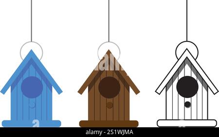 Imposta l'icona della casa degli uccelli isolata su sfondo bianco. Casa per uccelli con scatola di nidificazione, edificio fatto in casa per uccelli. Vettore Illustrazione Vettoriale