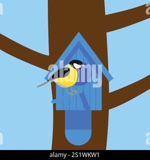 Una casetta per uccelli con un uccello appollaiato sopra. Illustrazione vettoriale cartoni animati Illustrazione Vettoriale