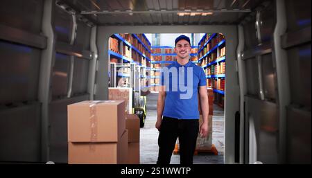 Addetto alle consegne caricamento furgoni nel magazzino logistico Foto Stock