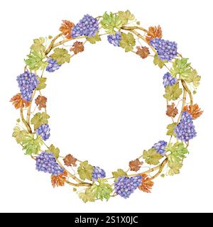 Corona di acquerelli di vite con bacche blu. Cornice rotonda di uva rosa e foglie. Design autunnale per decorazioni nuziali in stile rustico. Etichetta per vino rosso, succo. Servizio clienti per il menu del ristorante. Foto Stock