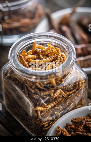 Vermi salati secchi. Vermi arrostiti in vaso su un tavolo di legno. Foto Stock