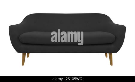 Divano classico in tessuto nero su gambe in legno isolato su sfondo bianco con percorso di ritaglio. Serie di mobili Foto Stock