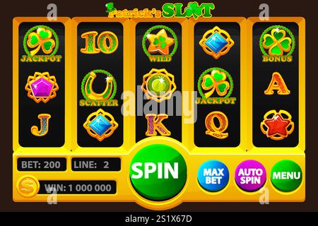 Slot machine di gioco UI con pulsanti e simboli sul tema del giorno di San Patrizio. Set di simboli a 12 fessure. Illustrazione Vettoriale