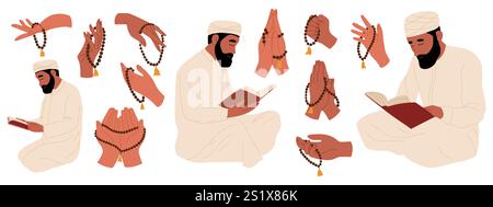 Gruppo di uomini musulmani che pregano e mani con perle di rosario. Celebrazione del Ramadan. Tradizionale festa islamica. Illustrazione Vettoriale