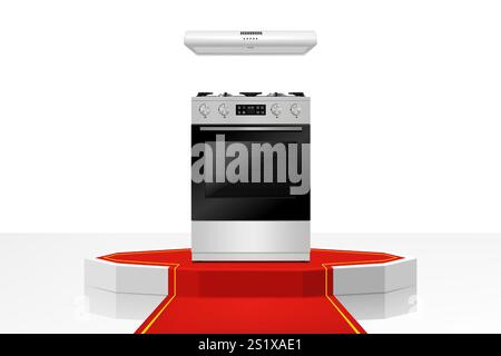 Odio o piedistallo con percorso rosso, cappa da cucina e piano cottura a gas. Illustrazione vettoriale 3d moderna e realistica degli elettrodomestici. Vista frontale, primo piano. Illustrazione Vettoriale